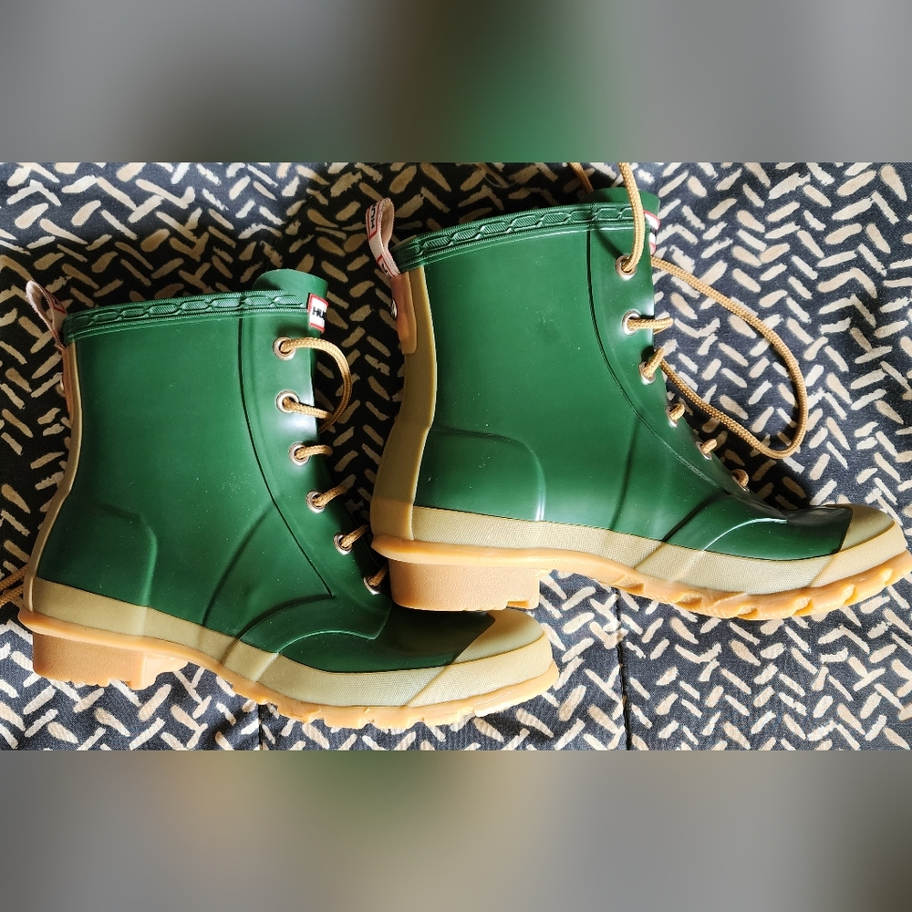 RARE!! GENUINE HUNTER 'BRIXON' Classic Hunter Green/Tan Lace-up Rain Boots US 7
